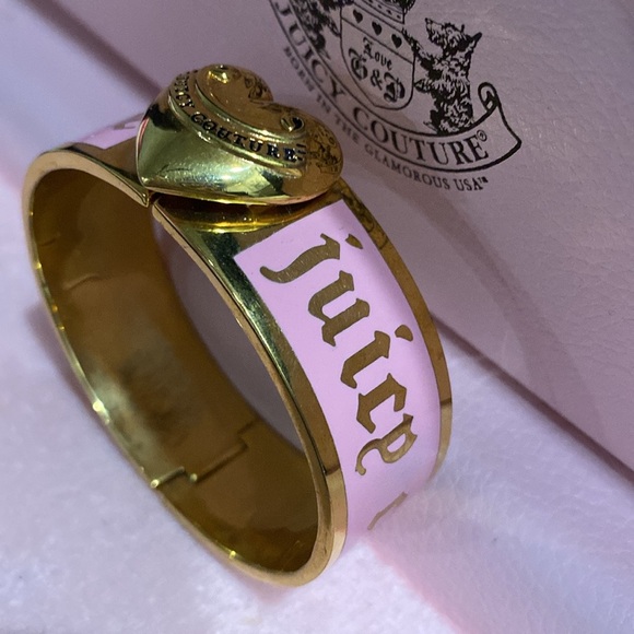 Juicy Couture Bangle Cuff Bracelet Pink Enamel Gold Heart Logo - Picture 8 of 9
